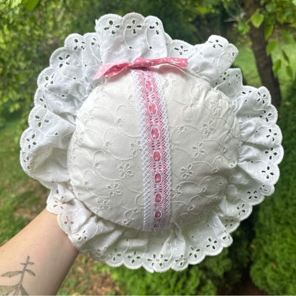 Handmade Vintage White Ruffled Pillow Pink Ribbon Cottagecore Home Decor